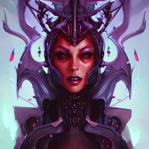 Image similar to a portrait of a beautiful demonic cybernetic queen of hell, cyberpunk concept art by pete mohrbacher and wlop and artgerm and josan gonzales, digital art, highly detailed, intricate, sci-fi, sharp focus, Trending on Artstation HQ, deviantart, unreal engine 5, 4K UHD image