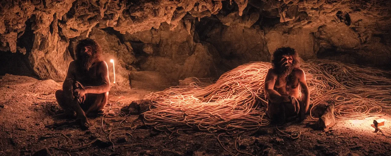 Prompt: a caveman sitting alone next to giant mound of spaghetti, fire in a cave at night, canon 5 0 mm, facial expression, cinematic lighting, photography, retro, film, kodachrome