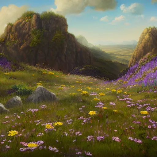 Image similar to a matte painting of a european prairie, patchy flowers and jagged rocks, oil painting, pale colors, high detail, 8 k, wide angle, trending on artstation,