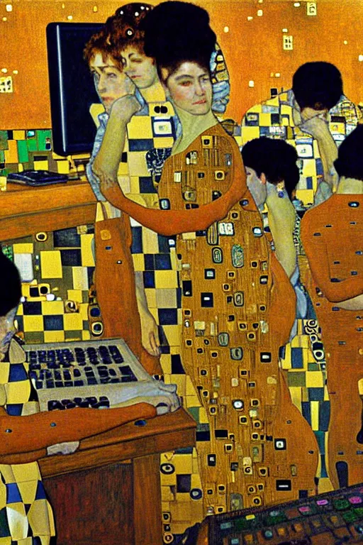 Prompt: oil painting highly detailed computer workers in office painted by gustav klimt