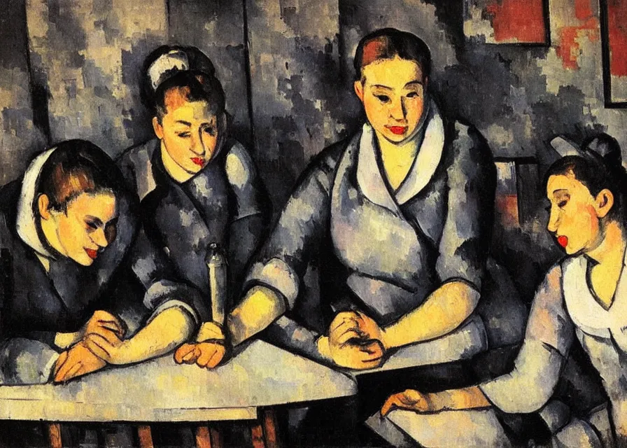 Image similar to in the style of paul cezanne. two hyperpop girls with black and neon clothes sitting at a wooden table in a bar looking at their phones. there is a bright red lamp hangig above the table. milkshakes. dim light. jouers des cates.