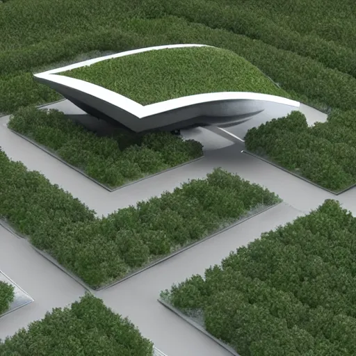 Image similar to futuristic convention centre, ultra modern, photorealistic, organic, forested