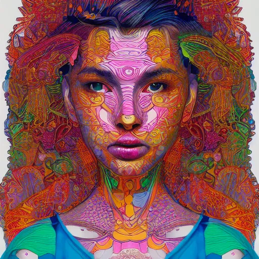 Image similar to the portrait of a beautiful young woman partially made up of peppers of all colors, an ultrafine detailed illustration by james jean, intricate linework, bright colors, final fantasy, behance contest winner, vanitas, angular, altermodern, unreal engine 5 highly rendered, global illumination, radiant light, detailed and intricate environment