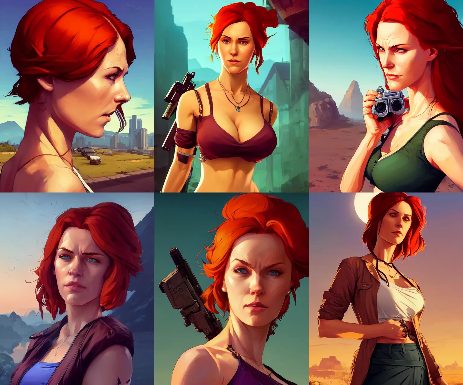 Prompt: portrait of triss merigold, gta san andreas cover art, borderlands style, celshading, trending on artstation, by rhads, andreas rocha, rossdraws, makoto shinkai, laurie greasley, lois van baarle, ilya kuvshinov and greg rutkowski