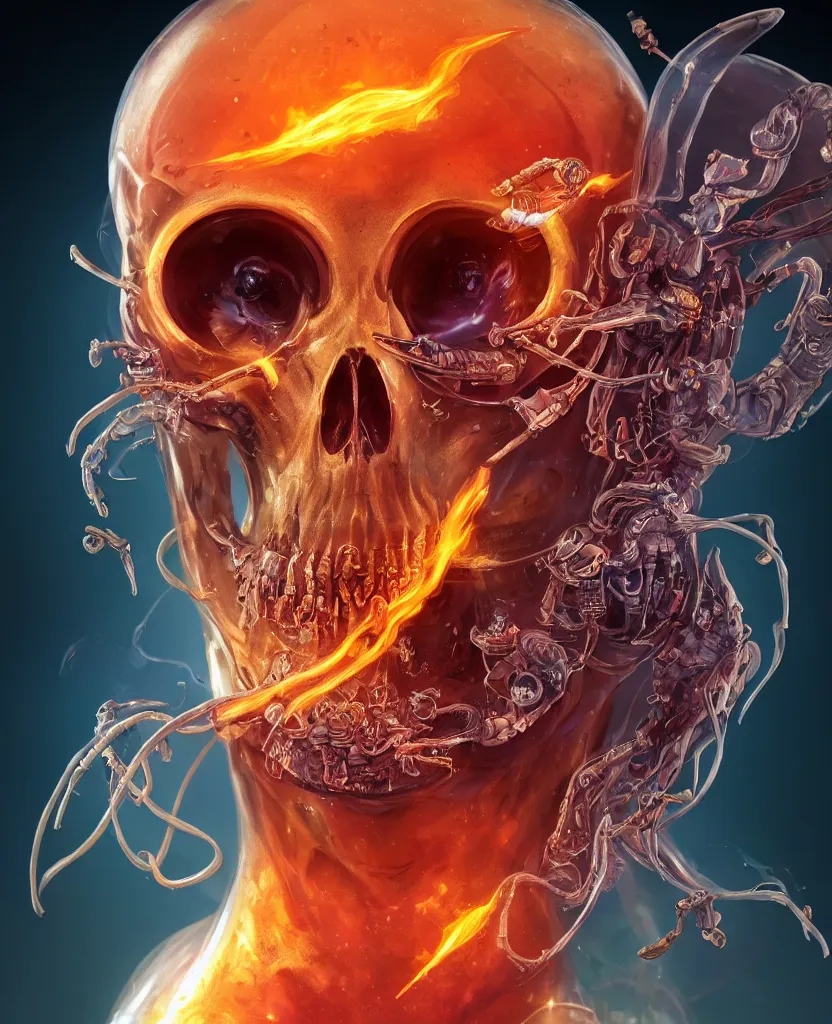 Image similar to close-up macro portrait of the face of a beautiful princess rotten skull in a spaceman suit, epic angle and pose, symmetrical artwork, 3d with depth of field, blurred background, cybernetic jellyfish female face skull phoenix bird, translucent, nautilus, energy flows of water and fire. a highly detailed epic cinematic concept art CG render. made in Maya, Blender and Photoshop, octane render, excellent composition, cinematic dystopian brutalist atmosphere, dynamic dramatic cinematic lighting, aesthetic, very inspirational, arthouse. y Greg Rutkowski, Ilya Kuvshinov, WLOP, Stanley Artgerm Lau, Ruan Jia and Fenghua Zhong