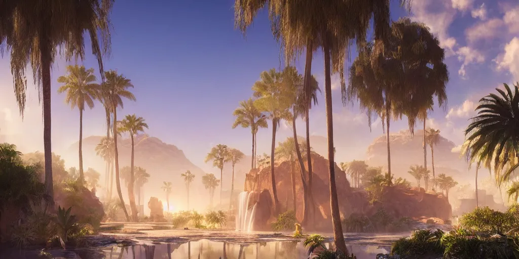 Image similar to beautiful oasis waterfalls surrounded by palm trees moroccan tile archways, date trees, ivory towers sunset peter morbacher ross tran angelarium greg rutkowski alchemy luxury heavenly light soft illumination, trending on artstation cinematic lighting digital painting octane render, artgerm