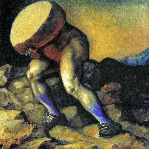 Image similar to a painting of benjamin netanyahu as sisyphus, carrying large boulder up a mountain, by franz stuck