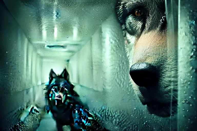 Image similar to an ultra realistic, cinematic, fantasy, portrait, of a wolf, face in water, dramatic, soft light, dreamy, facial features, stood in a cell, with prison clothing, detailed, deep focus, movie still, dramatic lighting, ray tracing, by michal karcz and yoshitaka amano