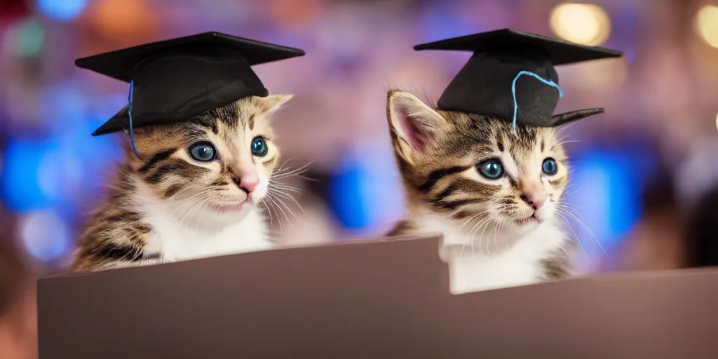 Prompt: A professional photograph of a kitten in a graduate hat doing a speech from a speech tribune , shutterstock, university, cinematic, 8K, award-winning photo, highest quality, perfect moment
