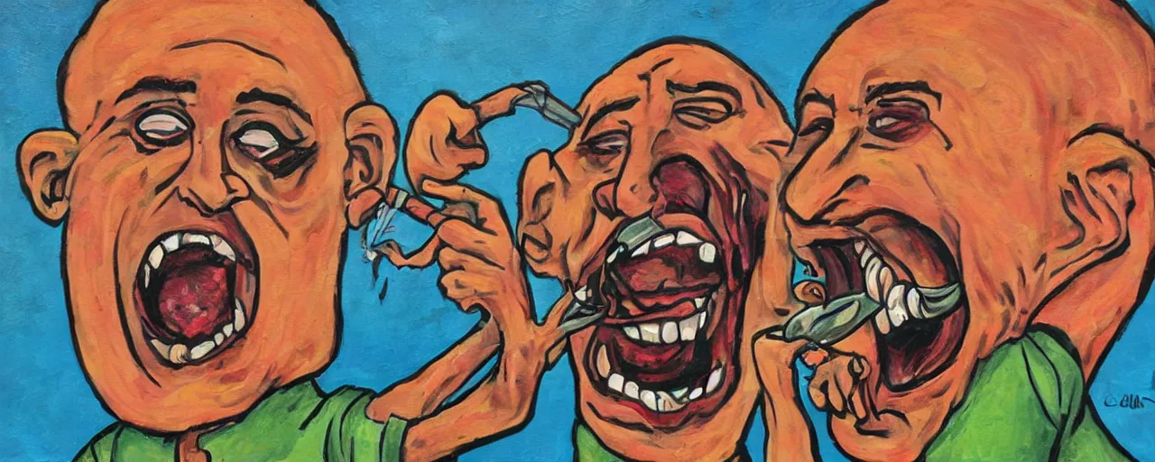 Prompt: portrait of a mad man screaming eating another head, Santacruz art style