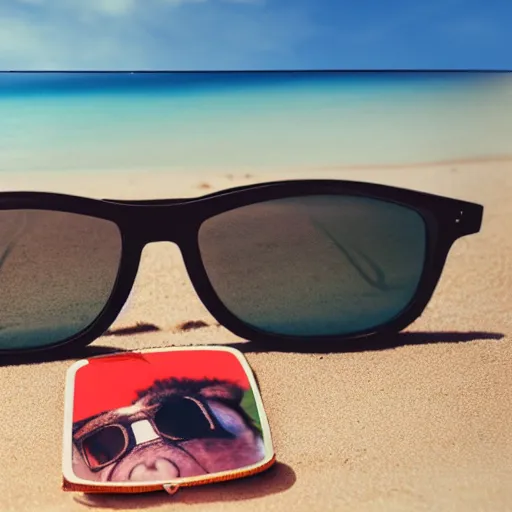 Prompt: Donkey with cool glasses lying on a sunbed at the beach, photorealistic