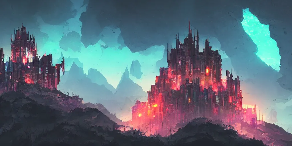 Image similar to stone castle in the style of cyberpunk and a glow ontop of a mountain, space sky, anime illustration,