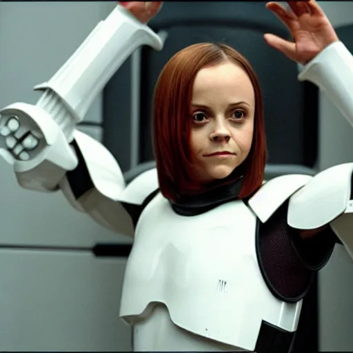 Prompt: christina ricci as a stormtrooper, taking her helmet off