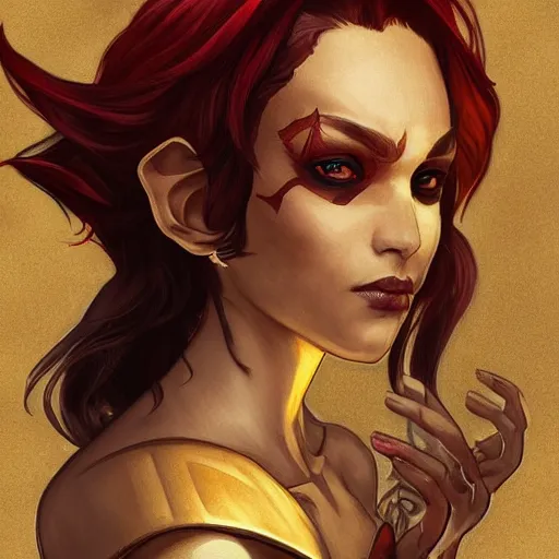 Prompt: dnd character portrait of a tanned half - elf with messy short red hair and yellow eyes with slit pupils, beautiful and androgynous with dark skin, catlike features, glowing, golden hour, wearing a stylish men's suit, by ross tran and gerald brom and alphonse mucha, trending on artstation