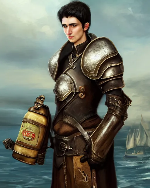 Prompt: Young man, lanky, pale, short black hair, wearing armor made of leather, holding a tankard of ale, digital art, realistic, detailed, trending on artstation, sea in the background