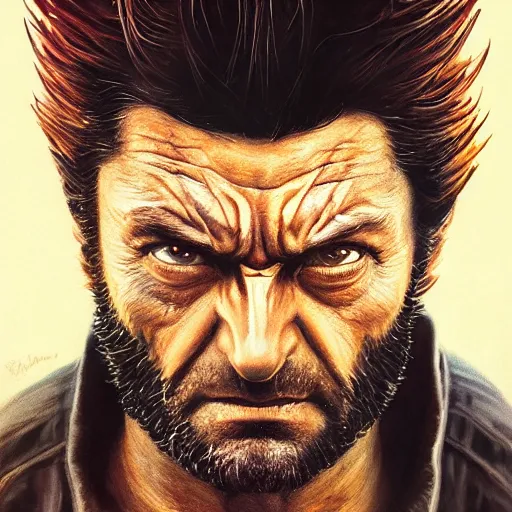 Image similar to wolverine starring into the camera, fixed eyes, cinematic, surreal, dramatic lighting, face, detailed, intricate, elegant, highly detailed, digital painting, artstation, chalk, concept art, smooth, sharp focus, illustration, art by sam spratt, dan mumford, artem demura and alphonse mucha