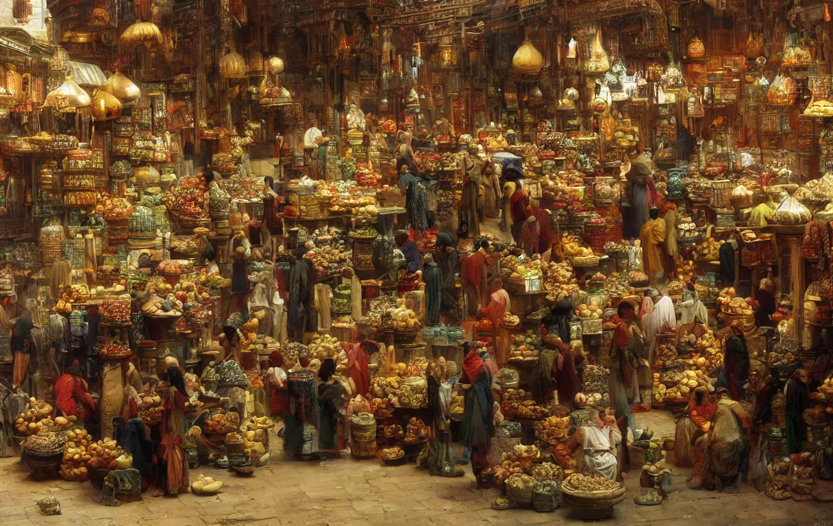 Image similar to a busy market interior in a fantasy Cairo city, by Jean lean Gerome, orientalism, trending on artstation