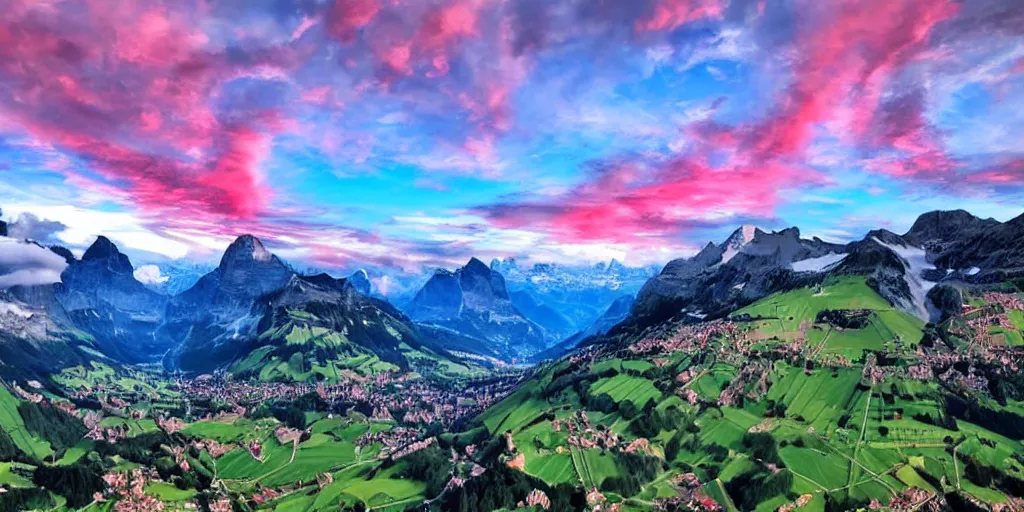 Image similar to Red Clouds above beautiful switzerland, stunning amazing.