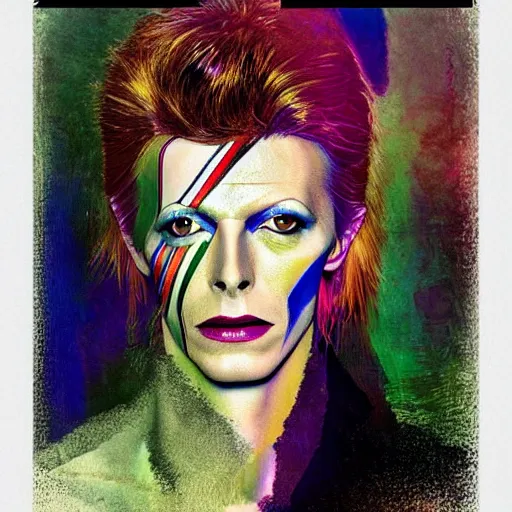 Prompt: beautiful portrait of David Bowie, impressive colorful artwork, many details, high contrast, 4K, by Harry Clarke, Ilya Kuvshinov, James Abbott McNeill Whistler