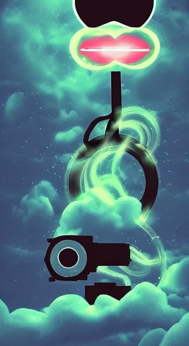 Image similar to “ big eye monkey holding laser gun floating in clouds, digital art, super aesthetic, art station childish style ”