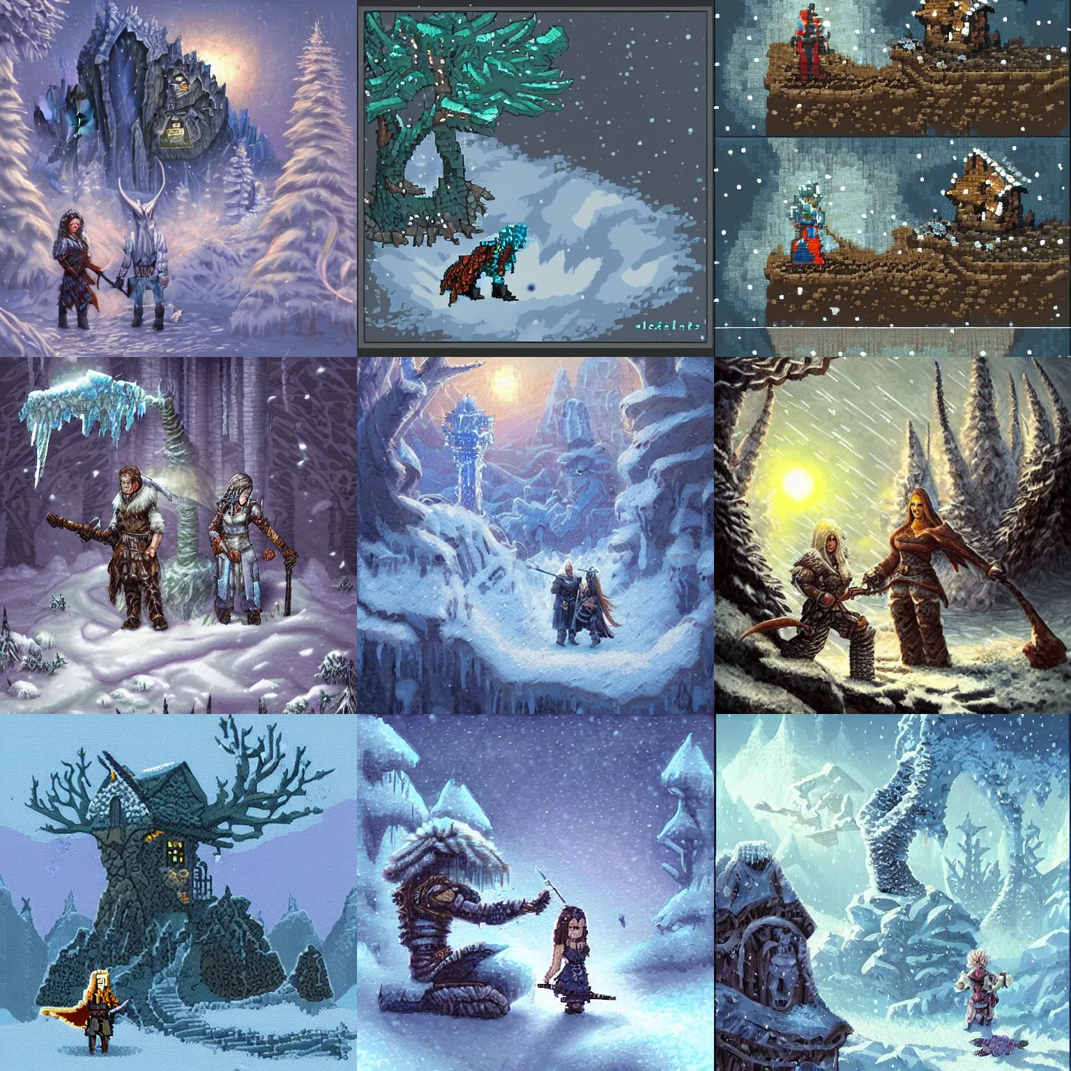 Prompt: fantasy hunter, pixel art, falling snow, theme :'icewind dale ', artist :'justin sweet'and'kristy glas ', aseprite