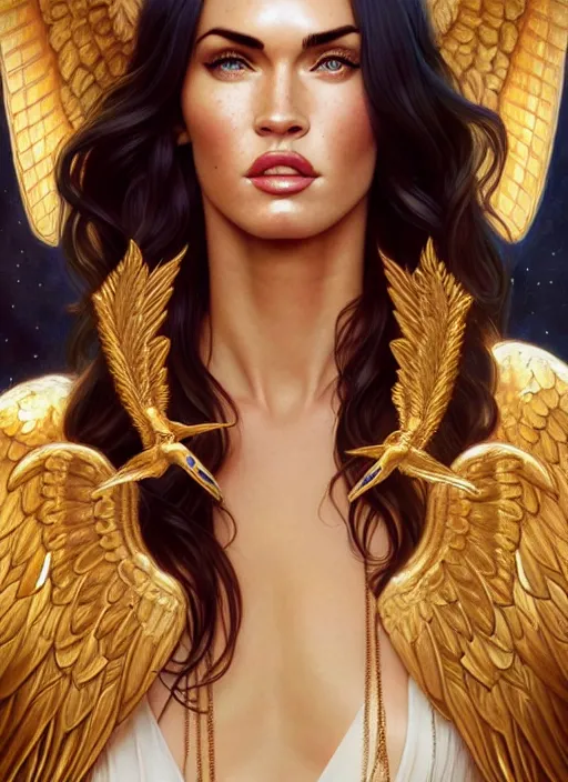 Prompt: portrait of megan fox as an blonde angel, wings, bible, corona, gold, jewelry, intricate, headshot, highly detailed, digital painting, artstation, concept art, sharp focus, cinematic lighting, illustration, art by artgerm and greg rutkowski, alphonse mucha, cgsociety