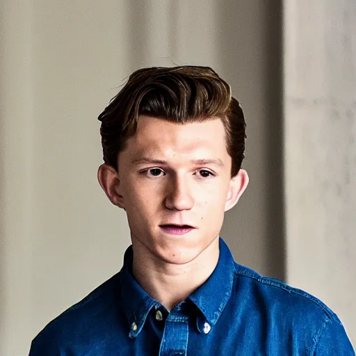 Prompt: tom holland wearing a yellow t shirt and blue jeans