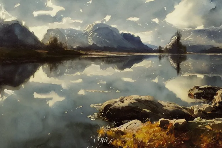 Prompt: watercolor painting of small cold river, pond, reflections, tall mountains and clouds, mythological art by hans gude, romance art by hans dahl, by jesper ejsing, art by anders zorn, wonderful masterpiece by greg rutkowski, cinematic light, american romanticism by greg manchess, creation by tyler edlin