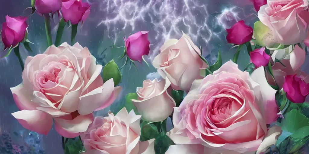 Prompt: magic invisible blade slicing through a bouquet of white and pink roses, flowers exploding and spraying, big puffy clouds, sharp rain, large rose petals, lotus petals, large polygonal background elements, large polygons, dramatic anime, dramatic lighting, artgerm, manga, trending on artstation, art nouveau, mature colors