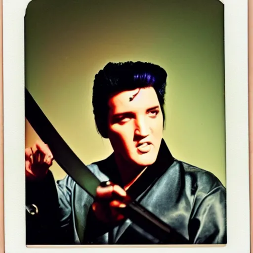 Image similar to elvis presley holding a katana, color Polaroid,