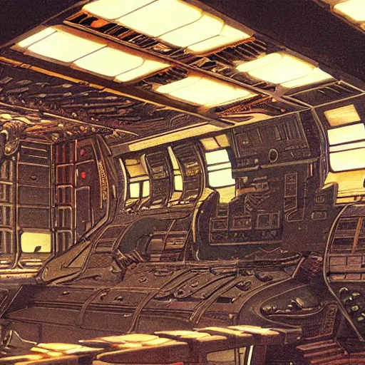 Prompt: painting of a syd mead scifi ancient civilzation interior engine room, floral ornaments