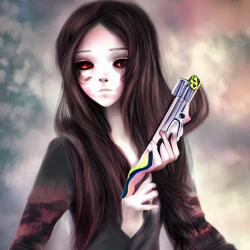 Image similar to portrait of a cute beautiful girl holding a balisong, anime digital art, creepy