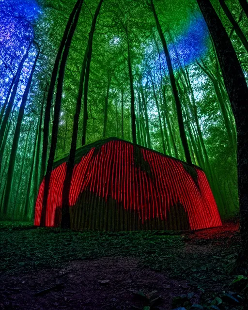 Image similar to building by diebedo francis kere, at night thermal vision rainforest lightpaint at dusk thermal imaging reclaimed by nature laser fisheye darkacademia forest myst hyperrealism, archdaily, wallpaper, highly detailed, trending on artstation.