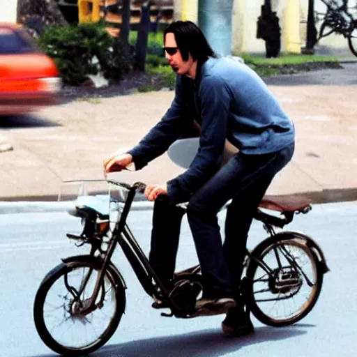Prompt: Keanu Reeves eating ice cream on a bicycle