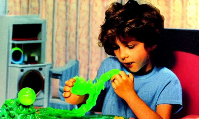 Image similar to kid playing with slime monster, realistic, detailed faces, toy commercial photo, highly detailed, photo from the 80s