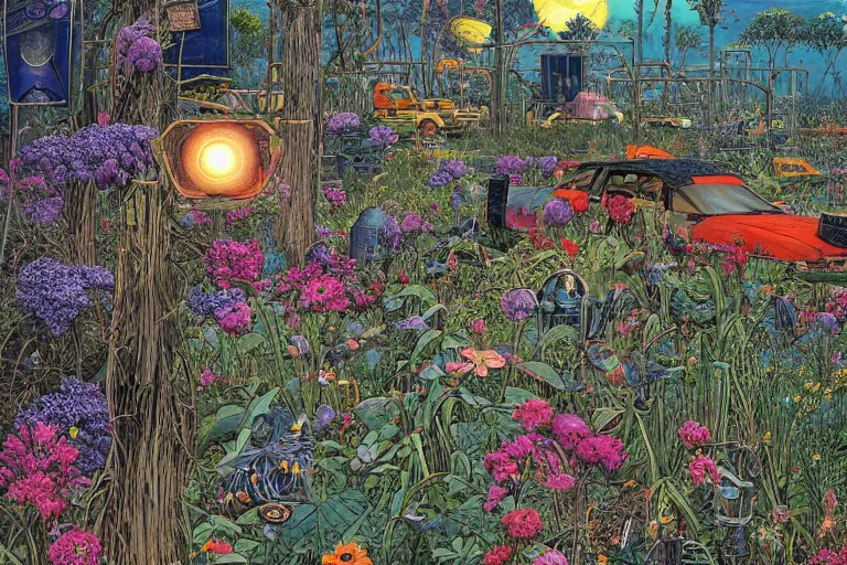 Prompt: super - detailed scene twilight junkyard, louisiana swamps, indigo blooming flowers garden, 8 k, 8 0 s japanese sci - fi books art, artwork by jean giraud