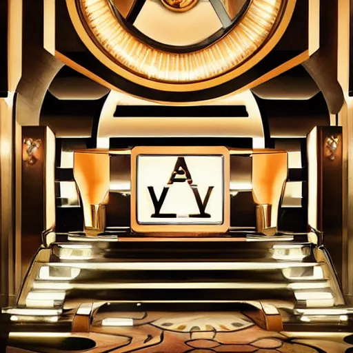 Image similar to a luxury handbag in year 3000, art-deco style, in entrance hall of an art-deco skyscaper, photography , official vuitton editorial , highly detailed