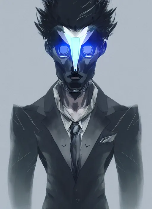 Prompt: Half body portrait of a god of cosmos and intellect, a man in a suit wearing a mirror mask. In style of Yoji Shinkawa and Hyung-tae Kim, trending on ArtStation, dark fantasy, great composition, concept art, highly detailed, dynamic pose.