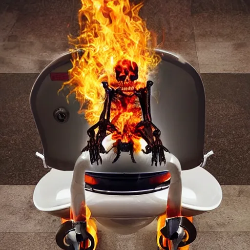 Image similar to super cool radical flaming skeleton sitting on a toilet mounted to a skateboard, hyper realistic, photograph.