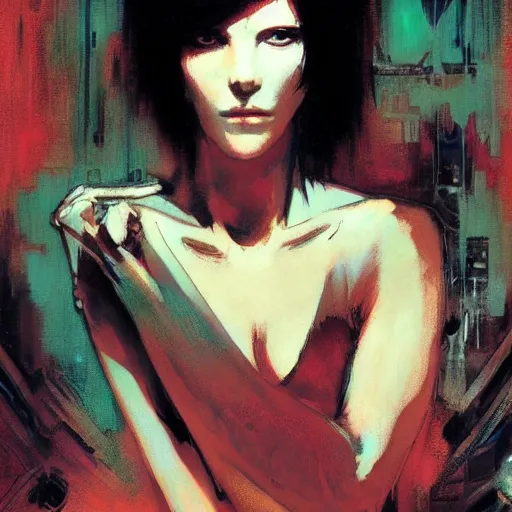 Image similar to ghost in the shell, intricate, elegant, highly detailed, greg manchess, mucha, liepke, ruan jia, jeffrey catherine jones, ridley scott