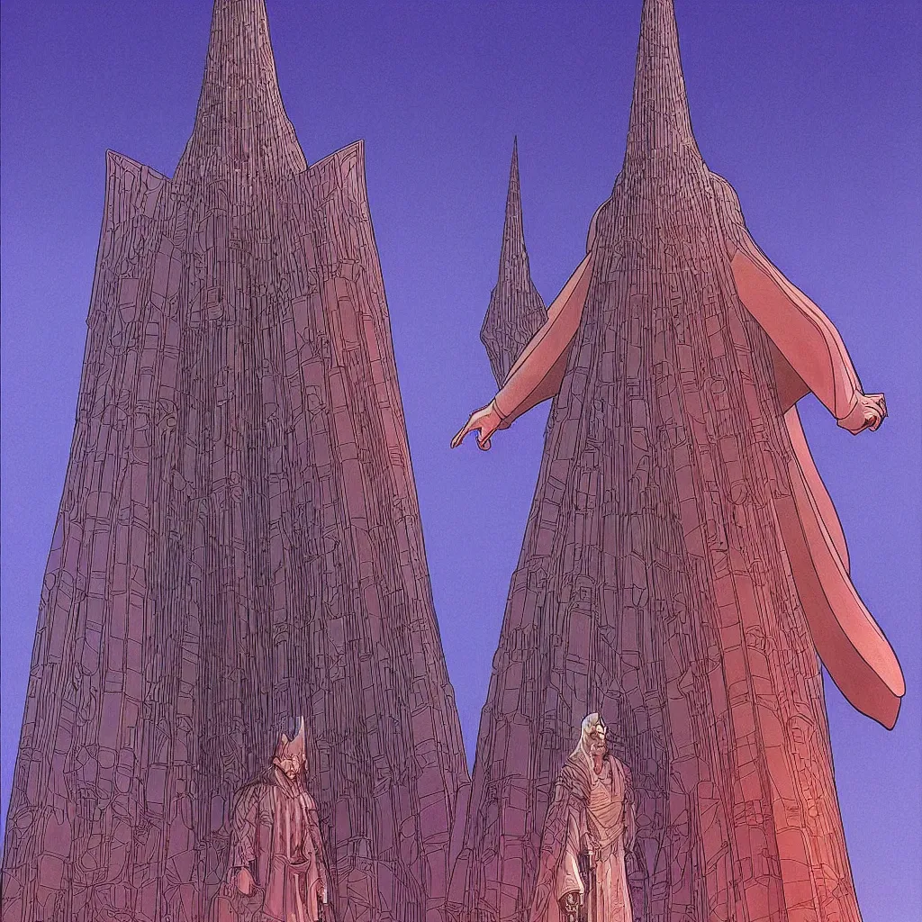 Prompt: centered portrait of illustration, imposing futuristic church ( amazing architecture ) man wearing in cloak, awesome scheme, intrincate, volumetric, art by jean giraud and moebius