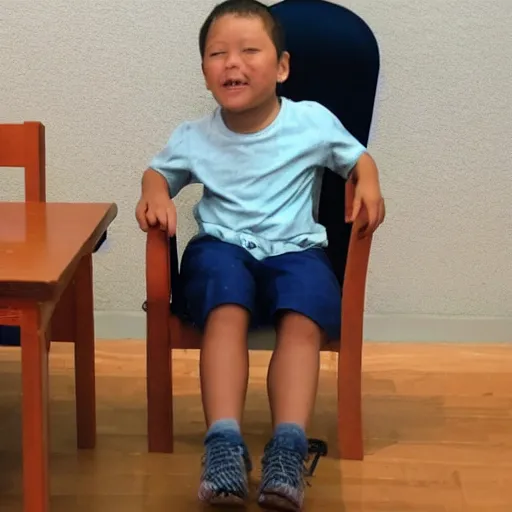 Image similar to a kid sitting on a chair that looks like a half moon