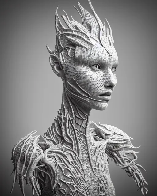 Image similar to close - up profile face, complex 3 d render of a beautiful porcelain vegetal dragon cyborg young female, 1 5 0 mm, beautiful natural soft rim light, silver gold details, magnolia leaves and stems, roots, fine lace, mandelbot fractal, elegant, ultra detailed, white metallic armour, octane render, black and white, h. r. giger style