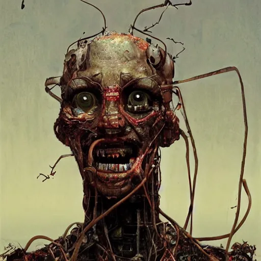 Image similar to an realistic humanoid animatronic made of rubbish with a creepy happy face, lost look, sparks, destroyed city on fire, broken wires, depth of field, robotic limbs on floor, by Greg Rutkowski and Zdzisław Beksiński, expressive face, synthetic skin, burnt