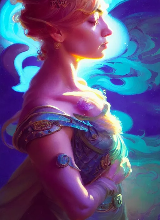 Image similar to side portrait, imogen poots, paladin, fantasy, gloomhaven, luminescent, tarot, organic painting, colorful swirly ripples, gaudy colors, by greg manchess, huang guangjian, gil elvgren, sachin teng, greg rutkowski, jesper ejsing, ilya kuvshinov