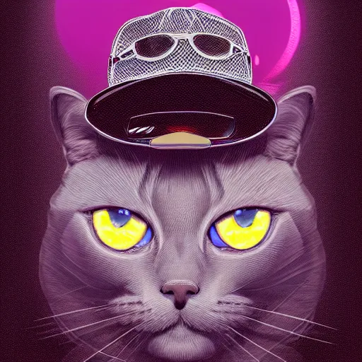 Prompt: a half robot cat wearing a hat, outrun, vaporware, shaded flat illustration, digital art, trending on artstation, highly detailed, fine detail, intricate