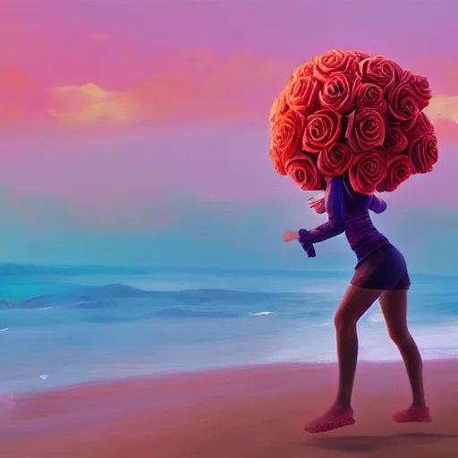 Image similar to portrait, giant rose flower head, woman running at the beach, surreal photography, sunrise, blue sky, dramatic light, impressionist painting, digital painting, artstation, simon stalenhag