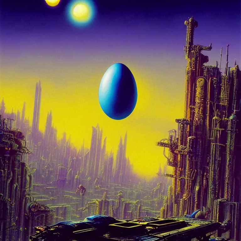 Prompt: mystical shimmering egg floats over post - apocalyptic city, synthwave, bright neon colors, highly detailed, cinematic, tim white, roger dean, michael whelan, caza, bob eggleton, philippe druillet, vladimir kush, kubrick, alfred kelsner, vallejo