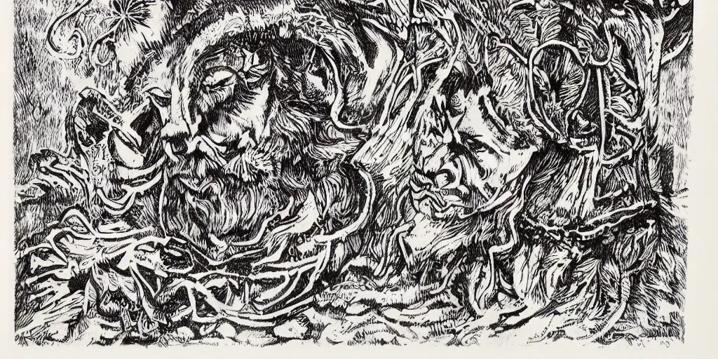 Prompt: scan of book with intricate ink drawings of tyrolean folklore masks, krampus, folklore, dance, dolomites, scary dark, dark ink, old paper