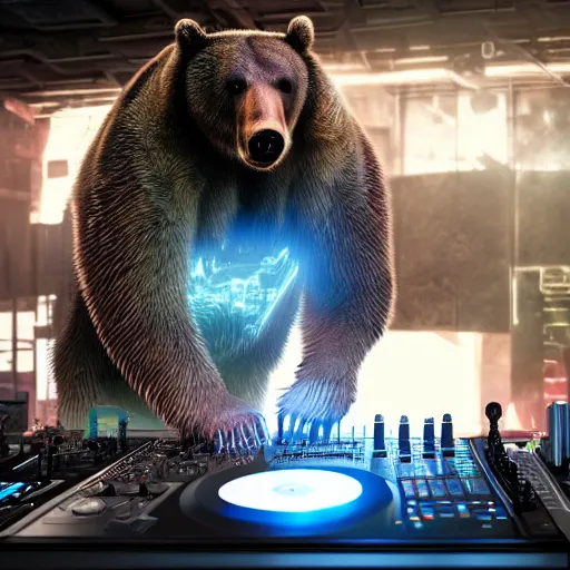 Image similar to a cyborg grizzly bear dj mixing records on stage, photorealistic, highly detailed, illustration, lifelike, highly detailed, intricate, octane render, sharp focus, cyberpunk